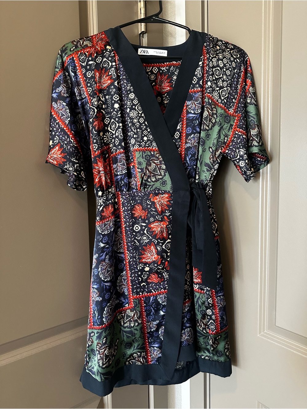Zara Navy Floral Patchwork Wrap Mini Dress with Red & Green Accents